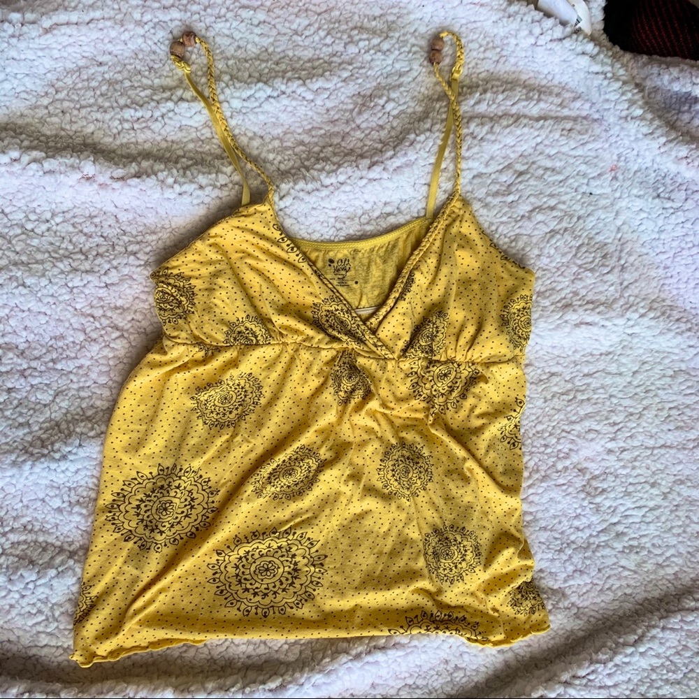old navy yellow cami with black floral print
